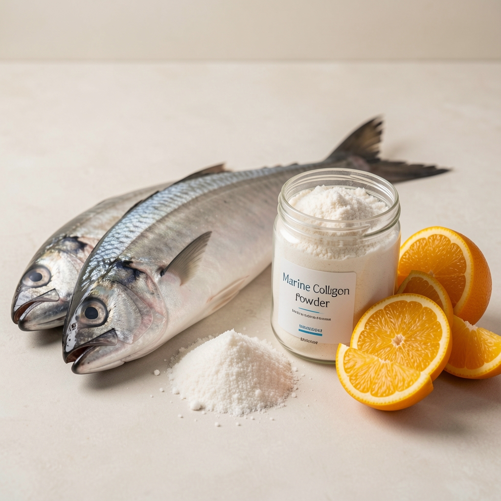 Marine collagen powder beside fish and citrus on a pale editorial surface