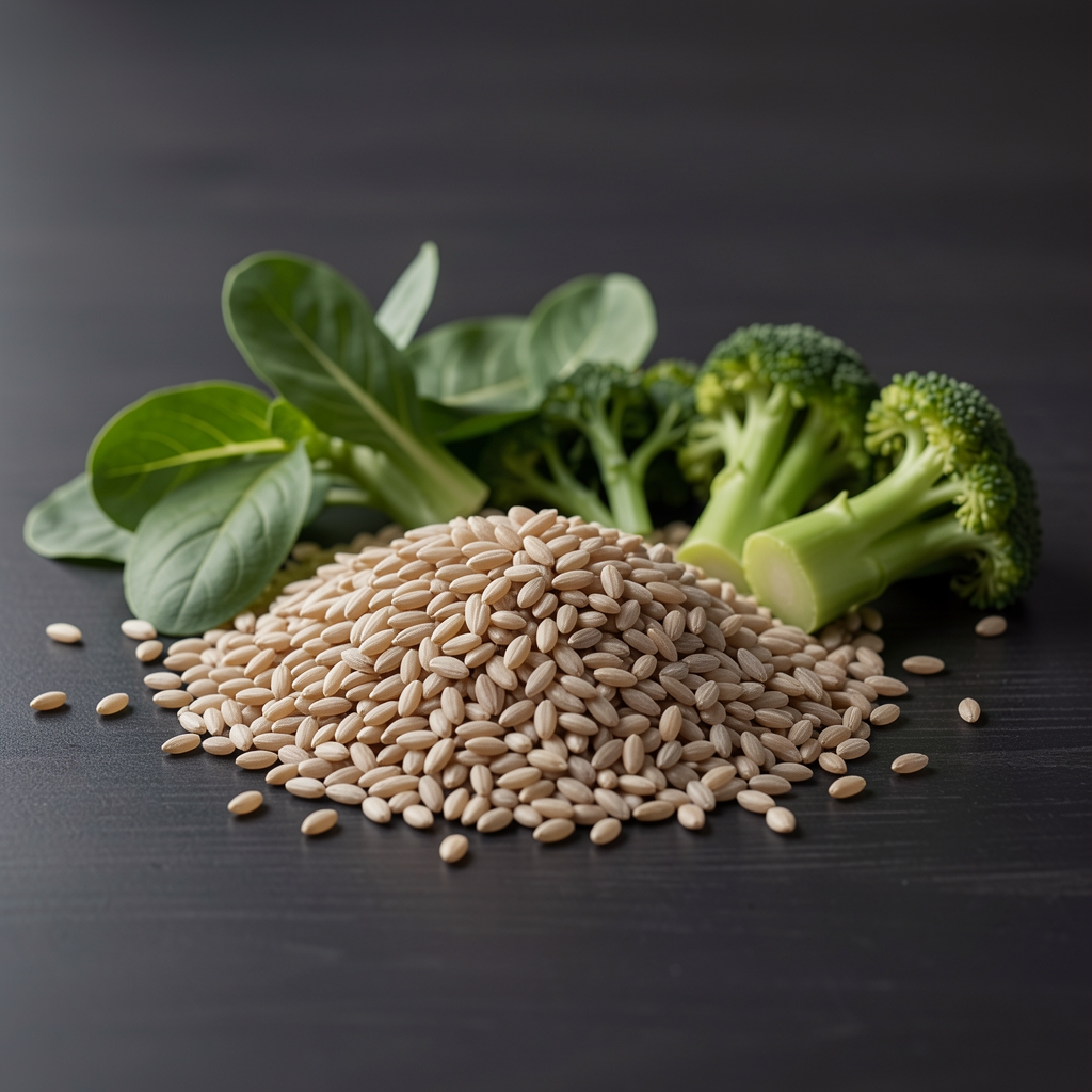 Mineral-rich whole grains and green vegetables arranged on a dark tabletop