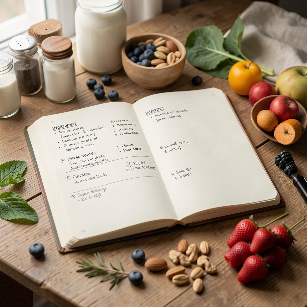 Open nutrition notebook with ingredient notes and whole foods under soft daylight